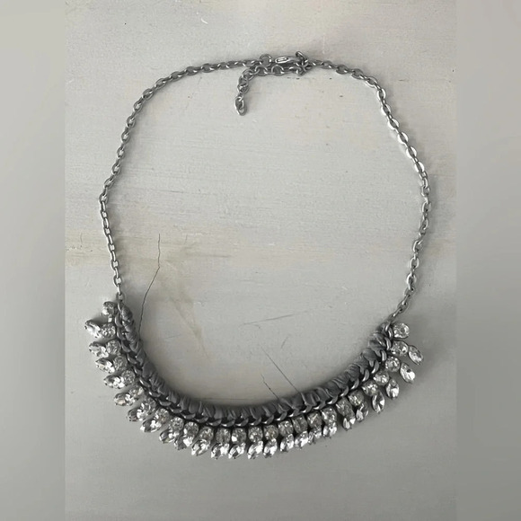 Abercrombie & Fitch Silver Gray Fabric Rhinestone Bib Necklace - Picture 1 of 2